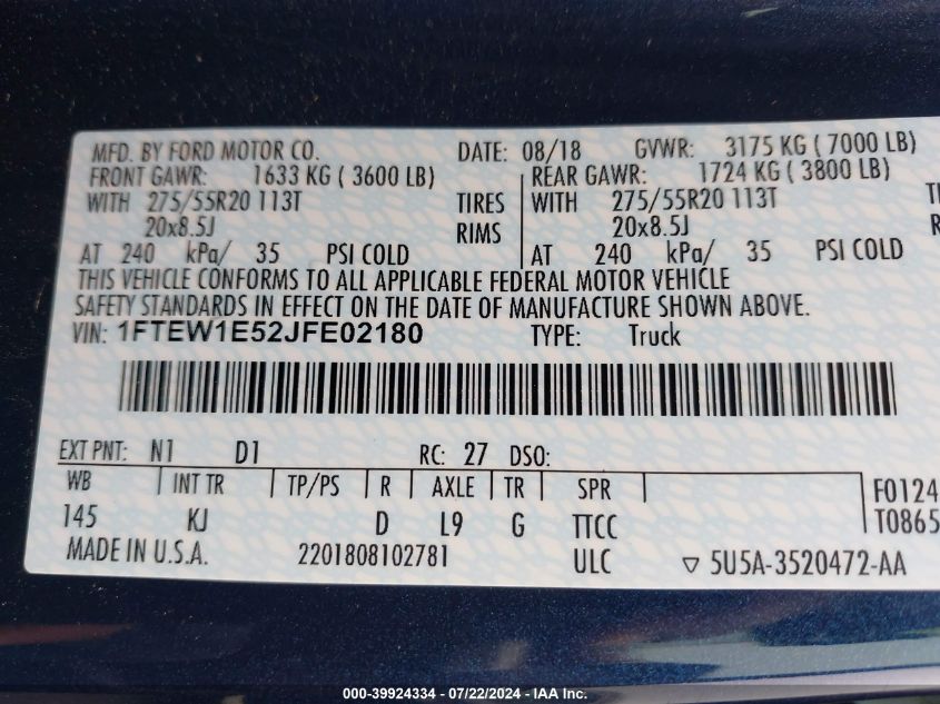 2018 Ford F-150 King Ranch VIN: 1FTEW1E52JFE02180 Lot: 39924334
