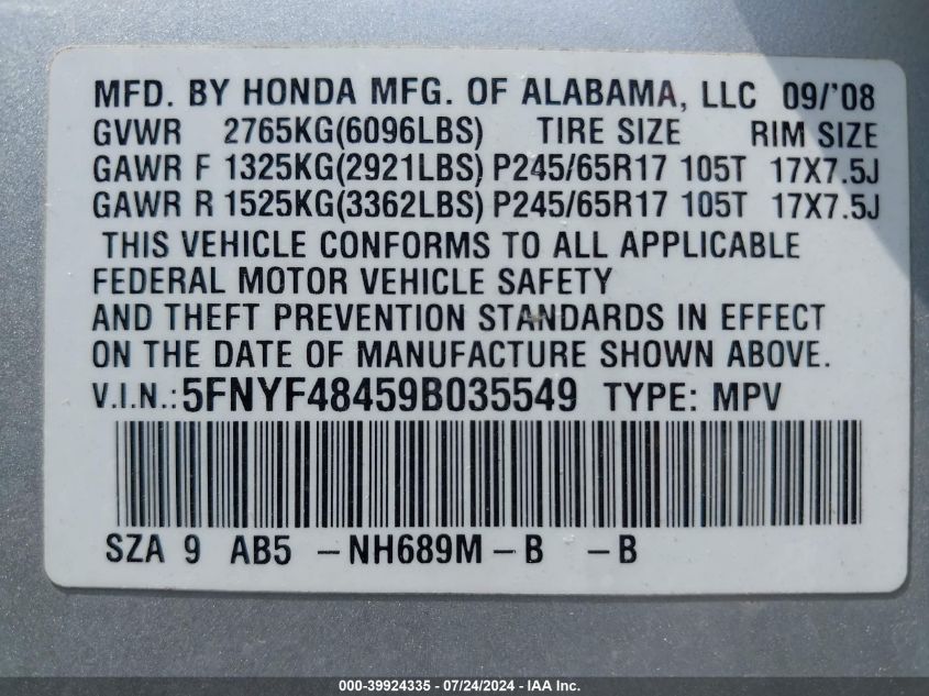 2009 Honda Pilot Ex VIN: 5FNYF48459B035549 Lot: 39924335