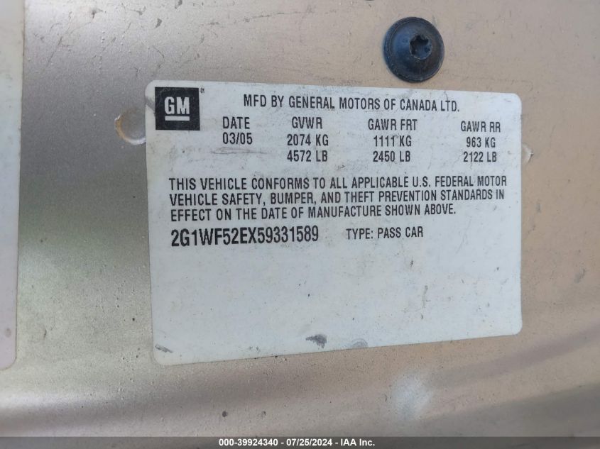 2005 Chevrolet Impala VIN: 2G1WF52EX59331589 Lot: 39924340