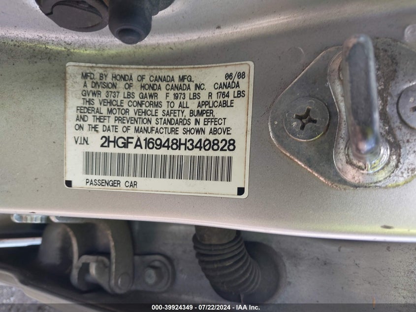 2008 Honda Civic Ex-L VIN: 2HGFA16948H340828 Lot: 39924349