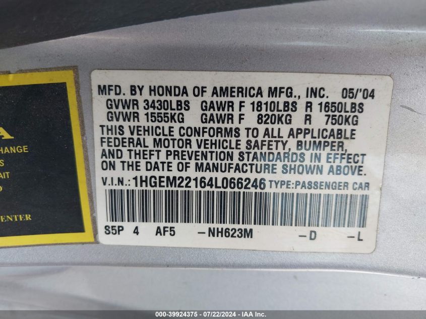 2004 Honda Civic Vp VIN: 1HGEM22164L066246 Lot: 39924375