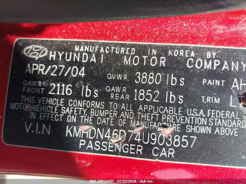 2004 Hyundai Elantra Gls/Gt VIN: KMHDN46D74U903857 Lot: 39924457