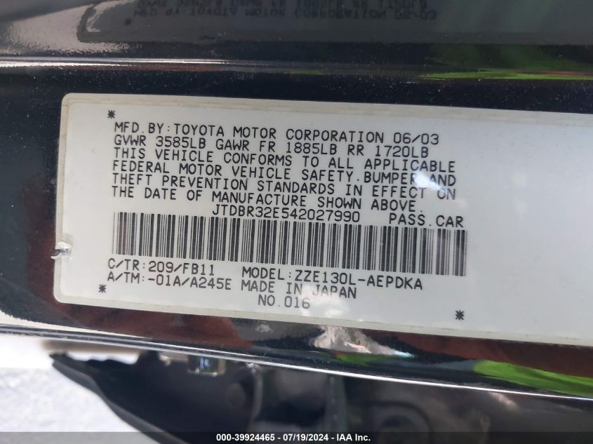 2004 Toyota Corolla Ce VIN: JTDBR32E542027990 Lot: 39924465