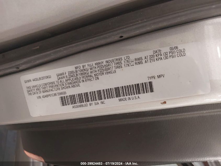 2006 Subaru Outback 2.5I VIN: 4S4BP61C867356935 Lot: 39924483