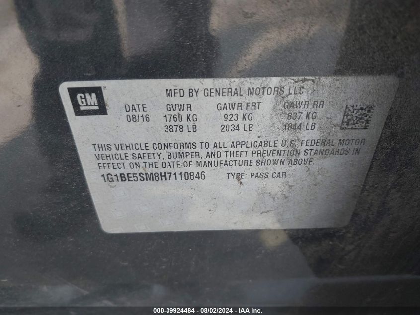 2017 Chevrolet Cruze Lt Auto VIN: 1G1BE5SM8H7110846 Lot: 39924484