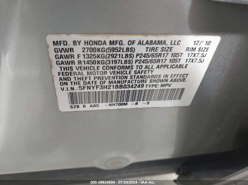 2011 Honda Pilot Lx VIN: 5FNYF3H21BB034249 Lot: 39924504