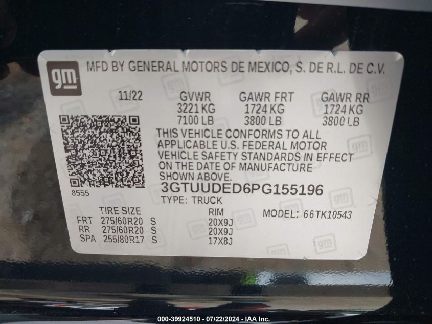 2023 GMC Sierra 1500 VIN: 3GTUUDED6PG155196 Lot: 39924510