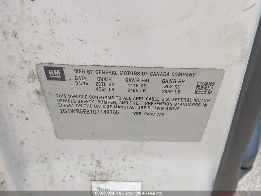 2016 Chevrolet Impala Limited Lt VIN: 2G1WB5E31G1149755 Lot: 39924514