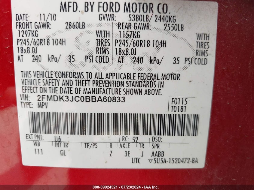 2011 Ford Edge Sel VIN: 2FMDK3JC0BBA60833 Lot: 39924521