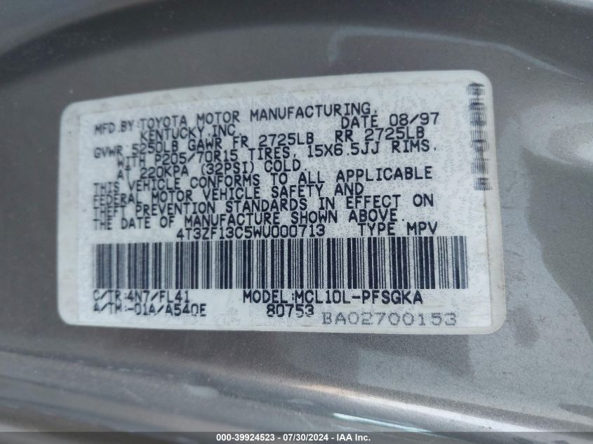 1998 Toyota Sienna Le/Xle VIN: 4T3ZF13C5WU000713 Lot: 39924523