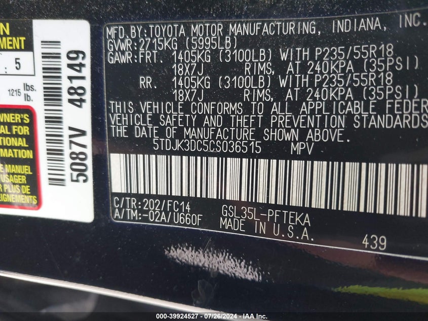 2012 Toyota Sienna Le 7 Passenger VIN: 5TDJK3DC5CS036515 Lot: 39924527