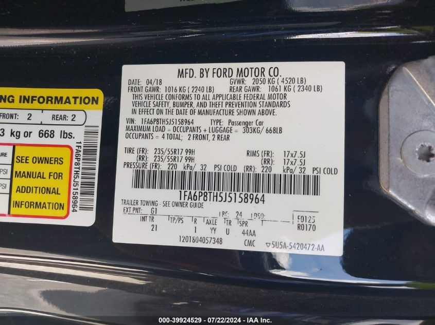 2018 Ford Mustang Ecoboost VIN: 1FA6P8TH5J5158964 Lot: 39924529