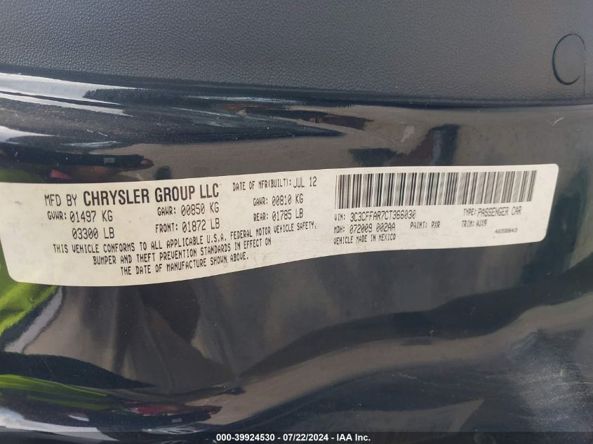 2012 Fiat 500 Pop VIN: 3C3CFFAR7CT366030 Lot: 39924530