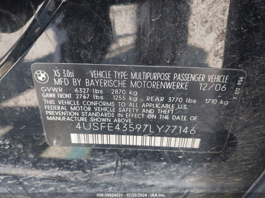2007 BMW X5 3.0Si VIN: 4USFE43597LY77146 Lot: 39924531