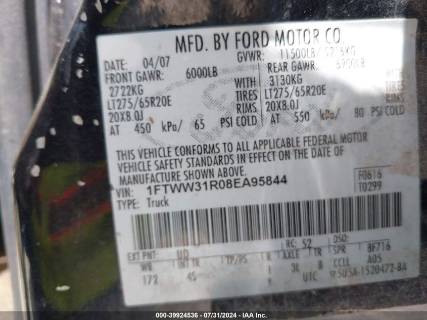 2008 Ford F-350 Fx4/Harley-Davidson/King Ranch/Lariat/Xl/Xlt VIN: 1FTWW31R08EA95844 Lot: 39924536
