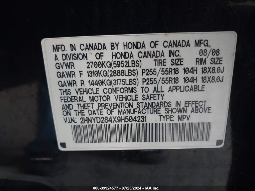 2009 Acura Mdx Technology Package VIN: 2HNYD284X9H504231 Lot: 39924577