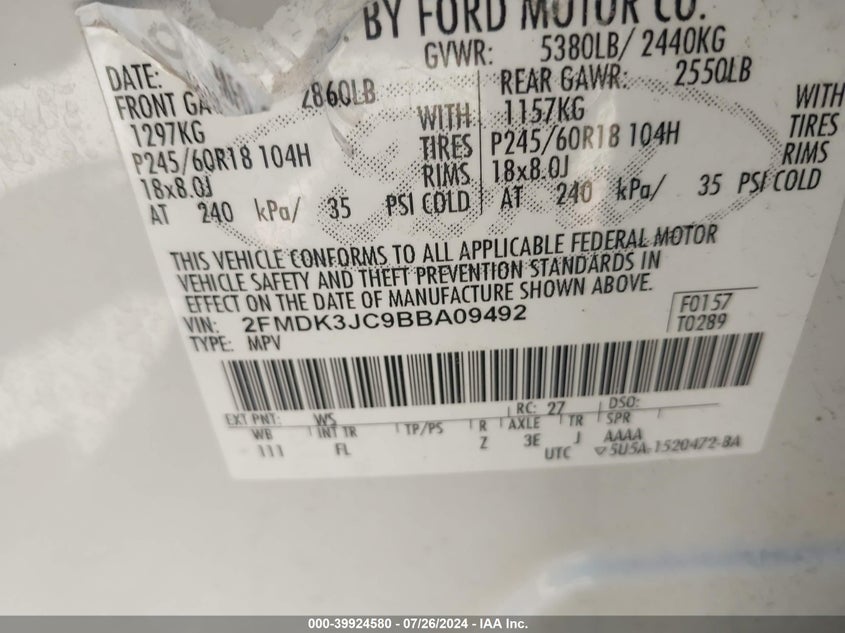 2011 Ford Edge Sel VIN: 2FMDK3JC9BBA09492 Lot: 39924580