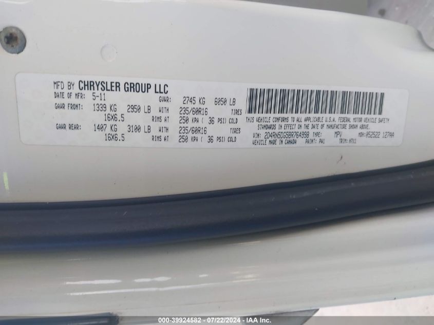 2011 Dodge Grand Caravan Crew VIN: 2D4RN5DG5BR764998 Lot: 39924582