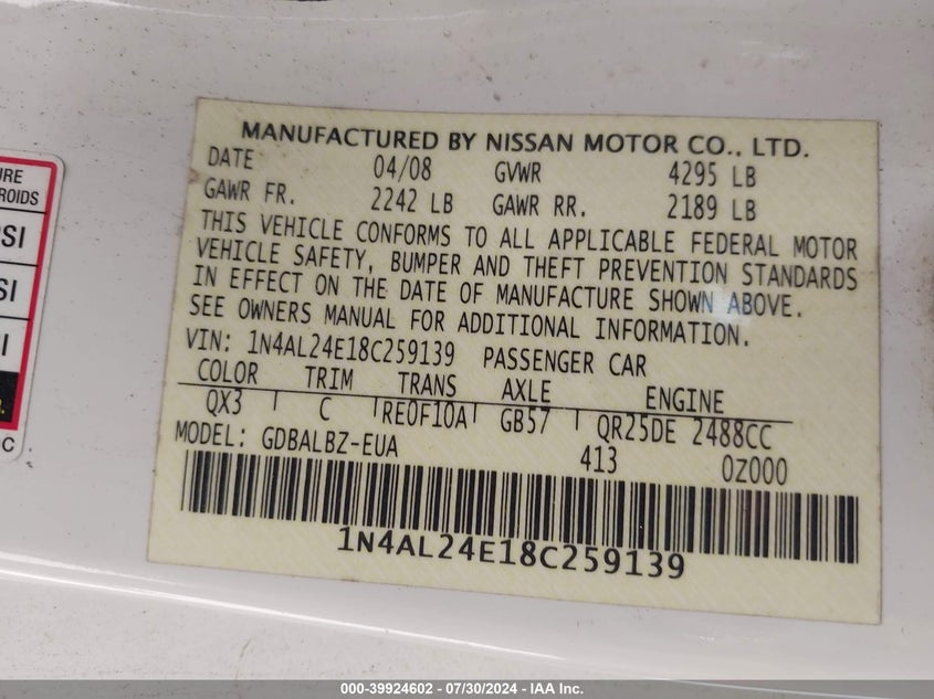 2008 Nissan Altima 2.5 S VIN: 1N4AL24E18C259139 Lot: 39924602
