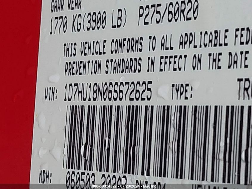 2006 Dodge Ram 1500 Slt/Trx4 Off Road/Sport VIN: 1D7HU18N06S672625 Lot: 39924627