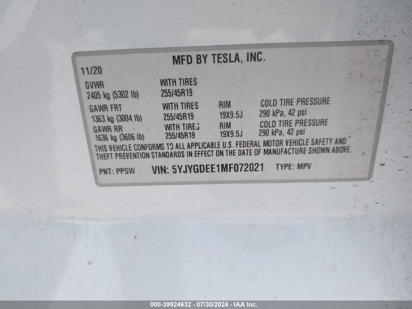 2021 Tesla Model Y Long Range Dual Motor All-Wheel Drive VIN: 5YJYGDEE1MF072021 Lot: 39924632