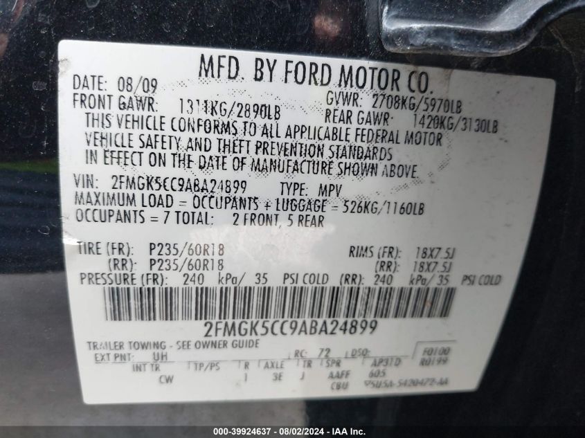 2010 Ford Flex Sel VIN: 2FMGK5CC9ABA24899 Lot: 39924637