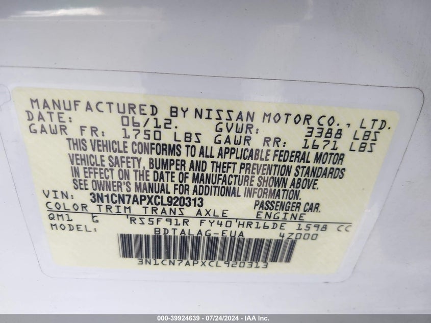 2012 Nissan Versa S/Sv/Sl VIN: 3N1CN7APXCL920313 Lot: 39924639