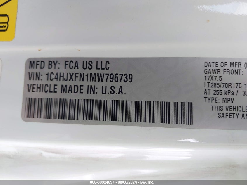 2021 JEEP WRANGLER UNLIMITED(VIN: 1C4HJXFN1MW796739