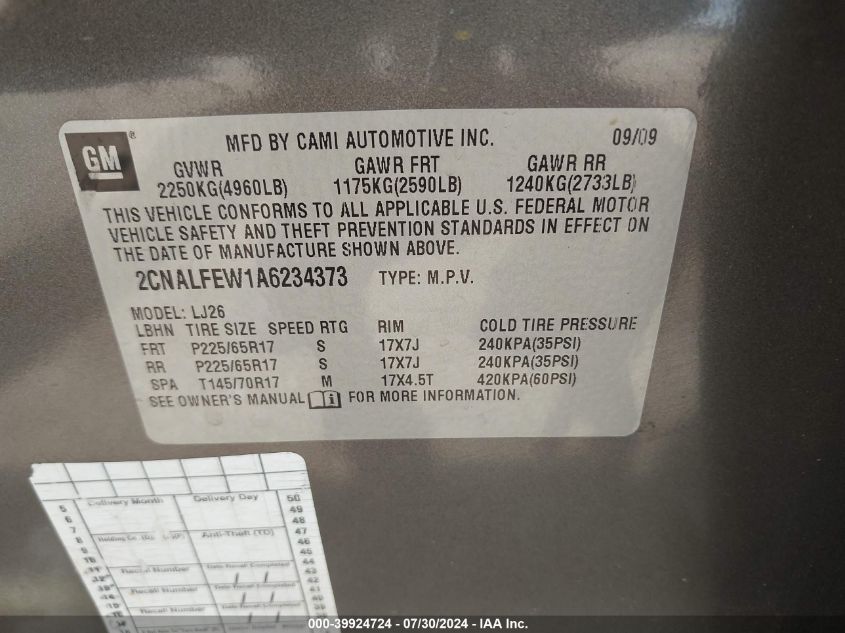 2010 Chevrolet Equinox Ltz VIN: 2CNALFEW1A6234373 Lot: 39924724