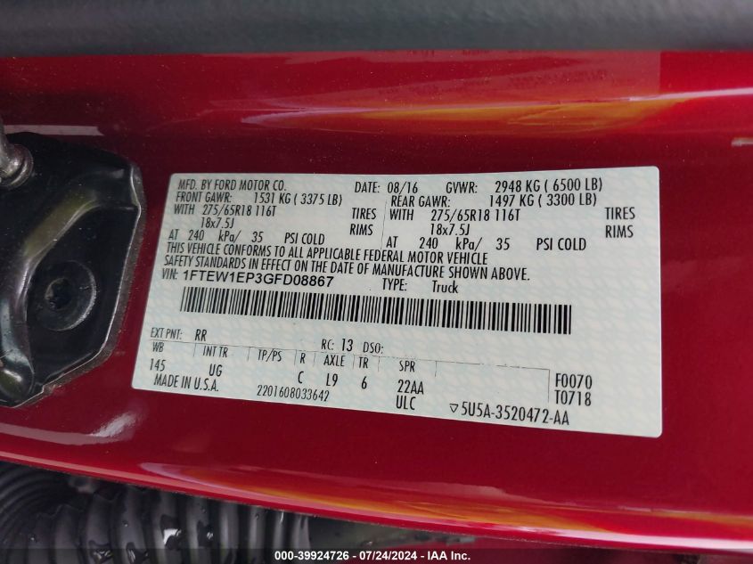 2016 Ford F-150 Xlt VIN: 1FTEW1EP3GFD08867 Lot: 39924726