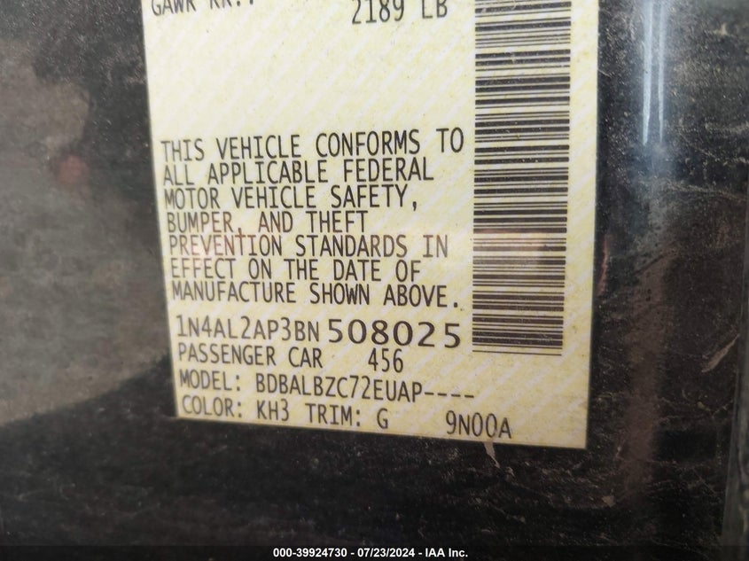 2011 Nissan Altima S VIN: 1N4AL2AP3BN508025 Lot: 39924730