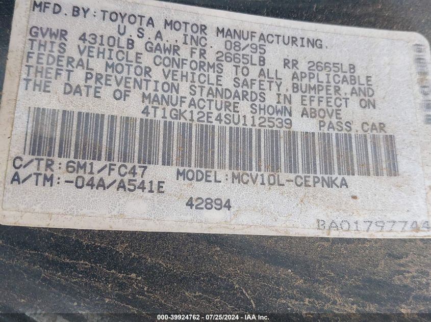1995 Toyota Camry Le VIN: 4T1GK12E4SU112539 Lot: 39924762