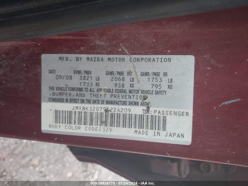 2009 Mazda Mazda3 I VIN: JM1BK32G791224209 Lot: 39924775