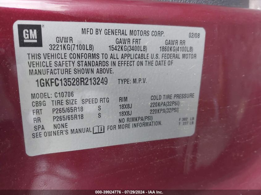 2008 GMC Yukon Hybrid VIN: 1GKFC13528R213249 Lot: 39924776