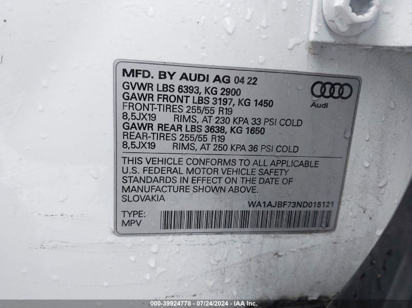 2022 Audi Q7 Premium 45 Tfsi Quattro Tiptronic VIN: WA1AJBF73ND015121 Lot: 39924778