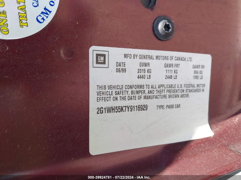 2000 Chevrolet Impala Ls VIN: 2G1WH55K7Y9116929 Lot: 39924781