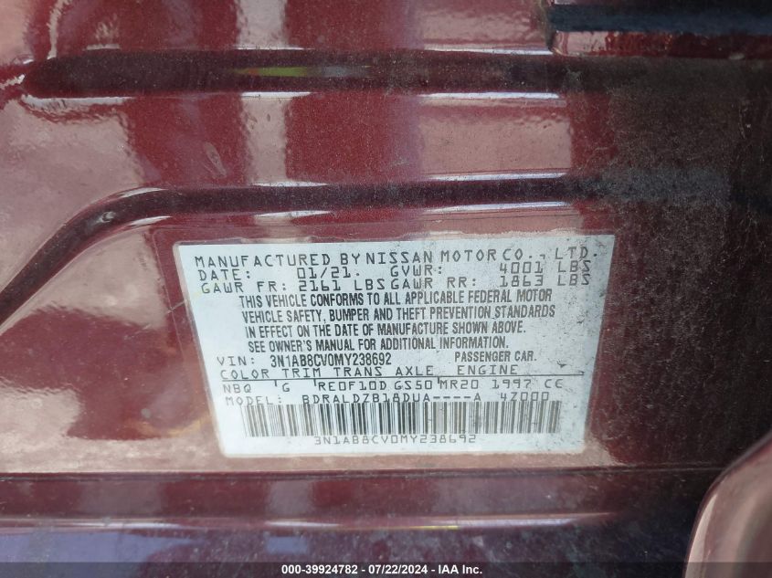 2021 Nissan Sentra Sv Xtronic Cvt VIN: 3N1AB8CV0MY238692 Lot: 39924782