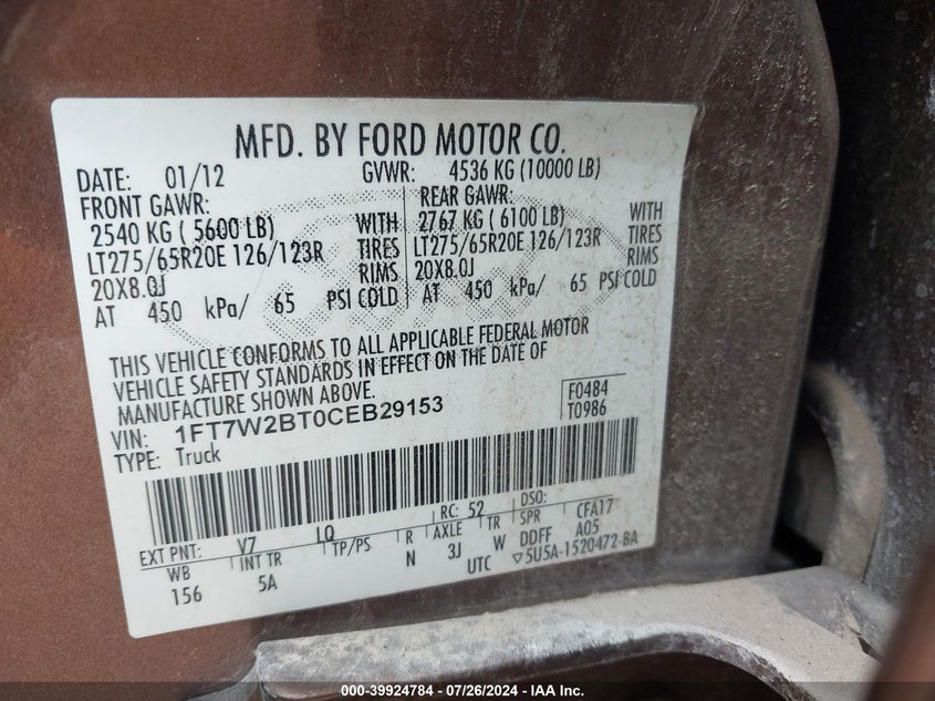 2012 Ford F250 Super Duty VIN: 1FT7W2BT0CEB29153 Lot: 39924784