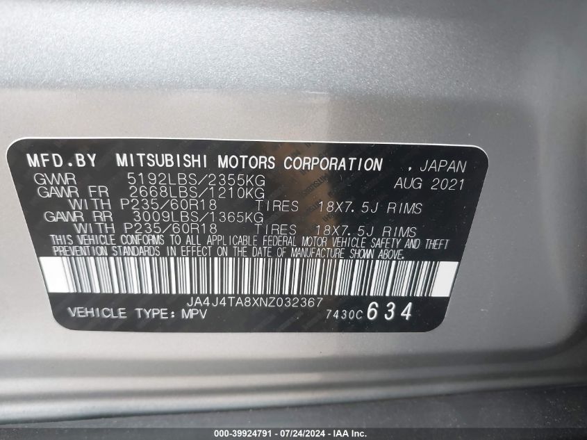 2022 Mitsubishi Outlander Es 2.5 S-Awc VIN: JA4J4TA8XNZ032367 Lot: 39924791