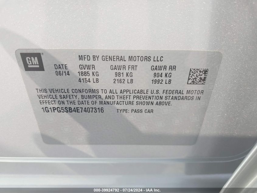 2014 Chevrolet Cruze Ltz VIN: 1G1PG5SB4E7407316 Lot: 39924792