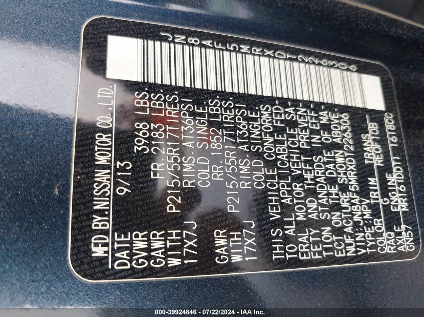 2013 Nissan Juke S VIN: JN8AF5MRXDT226306 Lot: 39924846