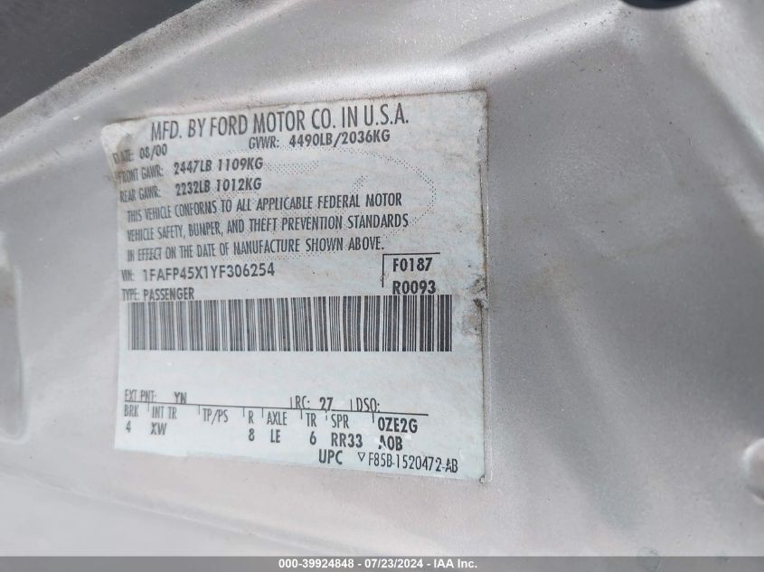 2000 Ford Mustang Gt VIN: 1FAFP45X1YF306254 Lot: 39924848