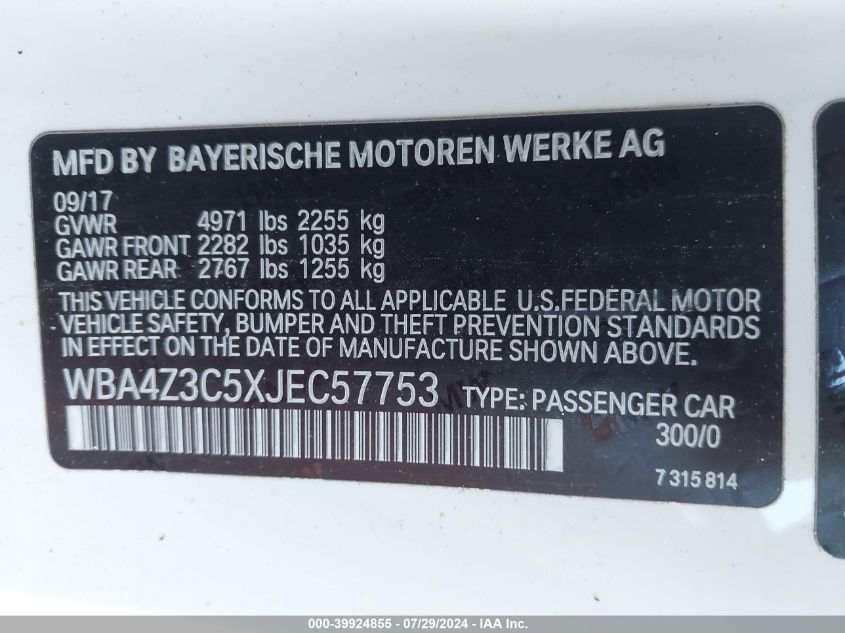 2018 BMW 430I VIN: WBA4Z3C5XJEC57753 Lot: 39924855