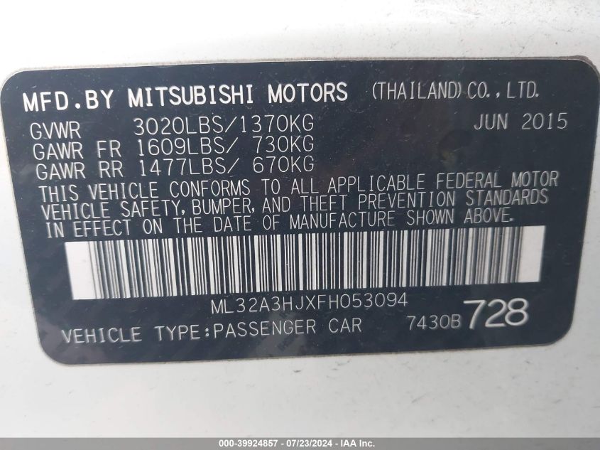 2015 Mitsubishi Mirage De VIN: ML32A3HJXFH053094 Lot: 39924857