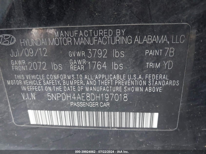 2013 Hyundai Elantra Gls VIN: 5NPDH4AE8DH197018 Lot: 39924862