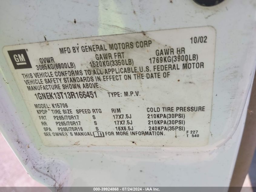 2003 Chevrolet Tahoe Z71 VIN: 1GNEK13T13R166451 Lot: 39924868