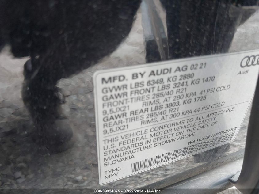 2021 Audi Q7 Premium Plus 55 Tfsi Quattro Tiptronic VIN: WA1LXAF79MD032702 Lot: 39924875