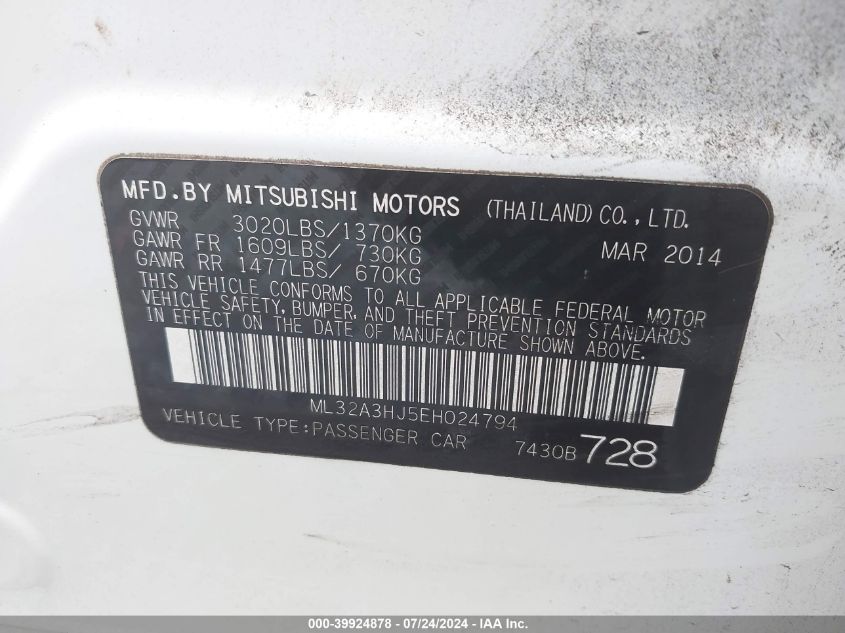 ML32A3HJ5EH024794 2014 Mitsubishi Mirage De