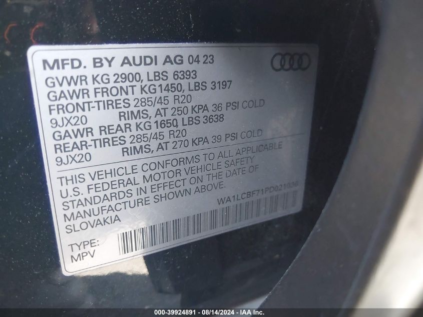 2023 Audi Q7 Premium Plus 45 Tfsi Quattro Tiptronic VIN: WA1LCBF71PD021036 Lot: 39924891