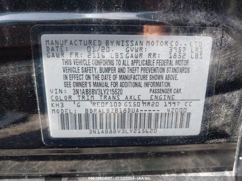 2020 Nissan Sentra S Xtronic Cvt VIN: 3N1AB8BV3LY215620 Lot: 39924897